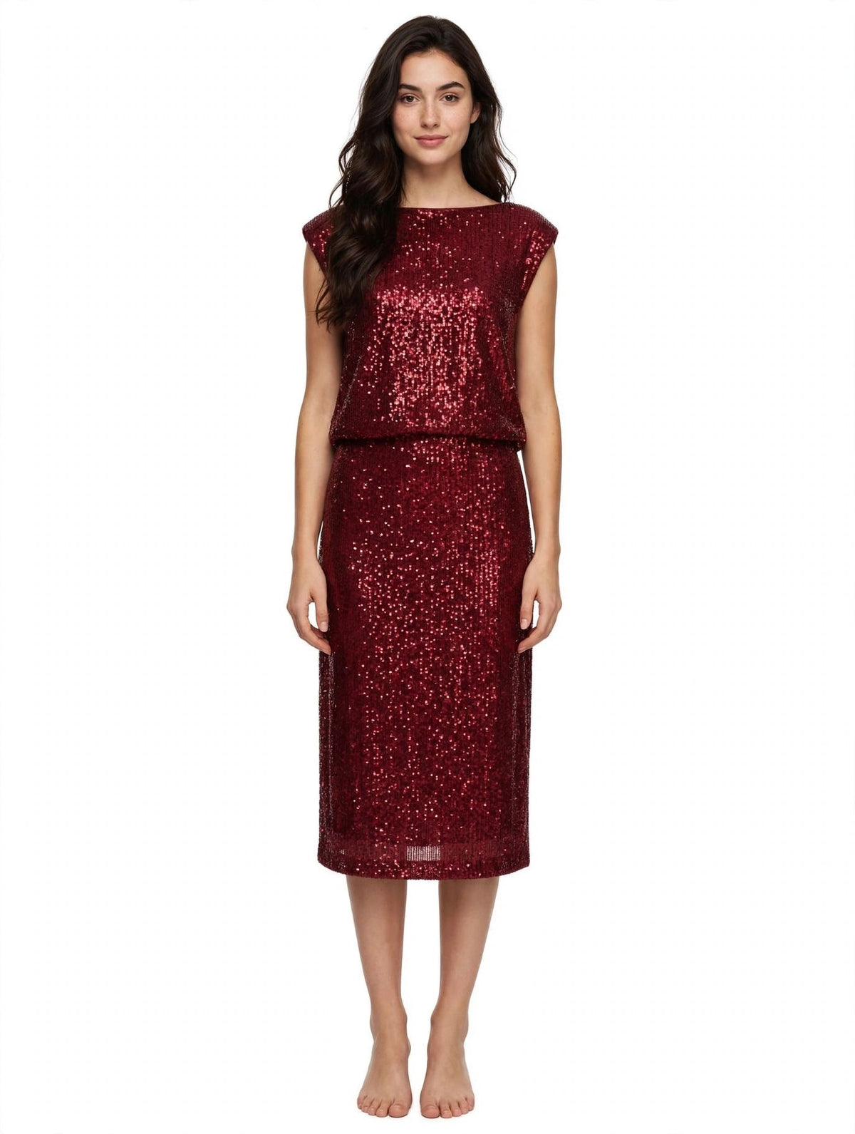 Elegantes 3-teiliges Pailletten-Outfit für Damen – Festliches Kleid mit Rock, Top und Jacke in Burgund