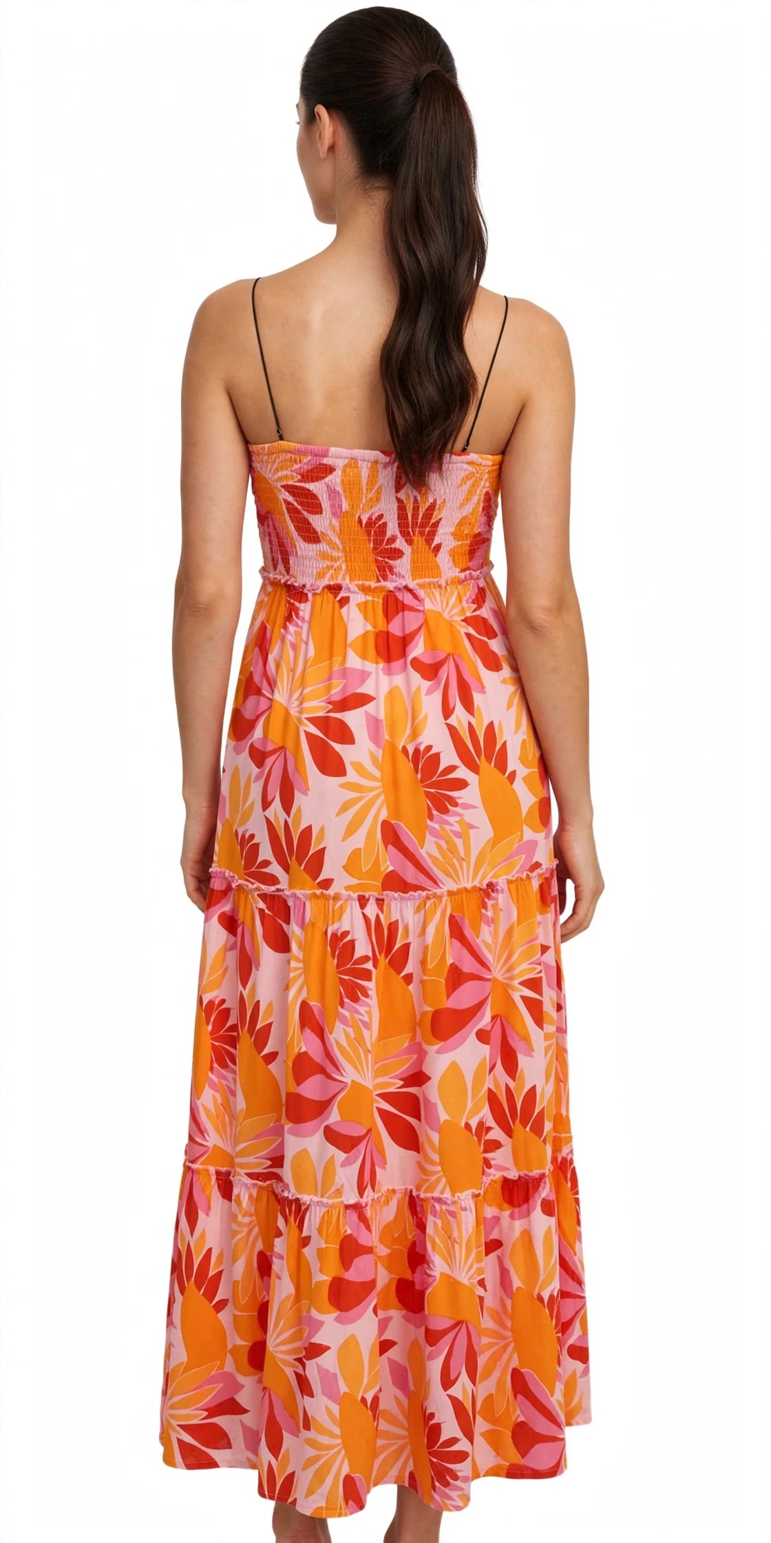 Langes trägerloses Kleid mit orangefarbenen und rosa Blumen