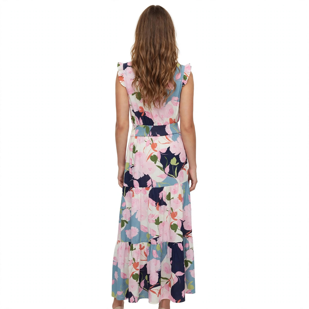 Langes (Maxi) Kleid mit Rosenmuster, V-Ausschnitt und breitem Gürtel an der Taille