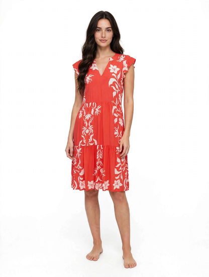 Kurzes LASCANA Kleid in Rot mit weißen Blumen