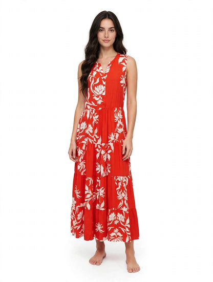 Langes (Maxi-)Kleid LASCANA in Rot mit weißen Blumen