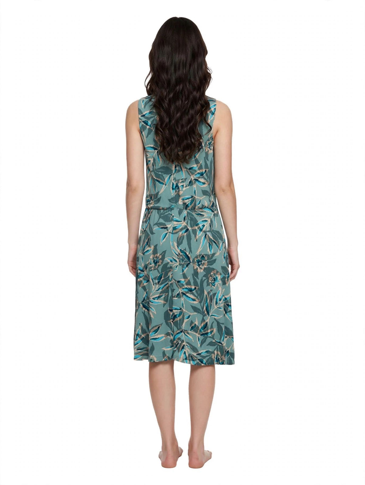 Ärmelloses Sommerkleid für Damen mit Blätterdruck – Leichtes knielanges Kleid in Grün