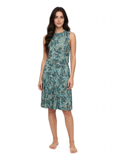 Ärmelloses Sommerkleid für Damen mit Blätterdruck – Leichtes knielanges Kleid in Grün