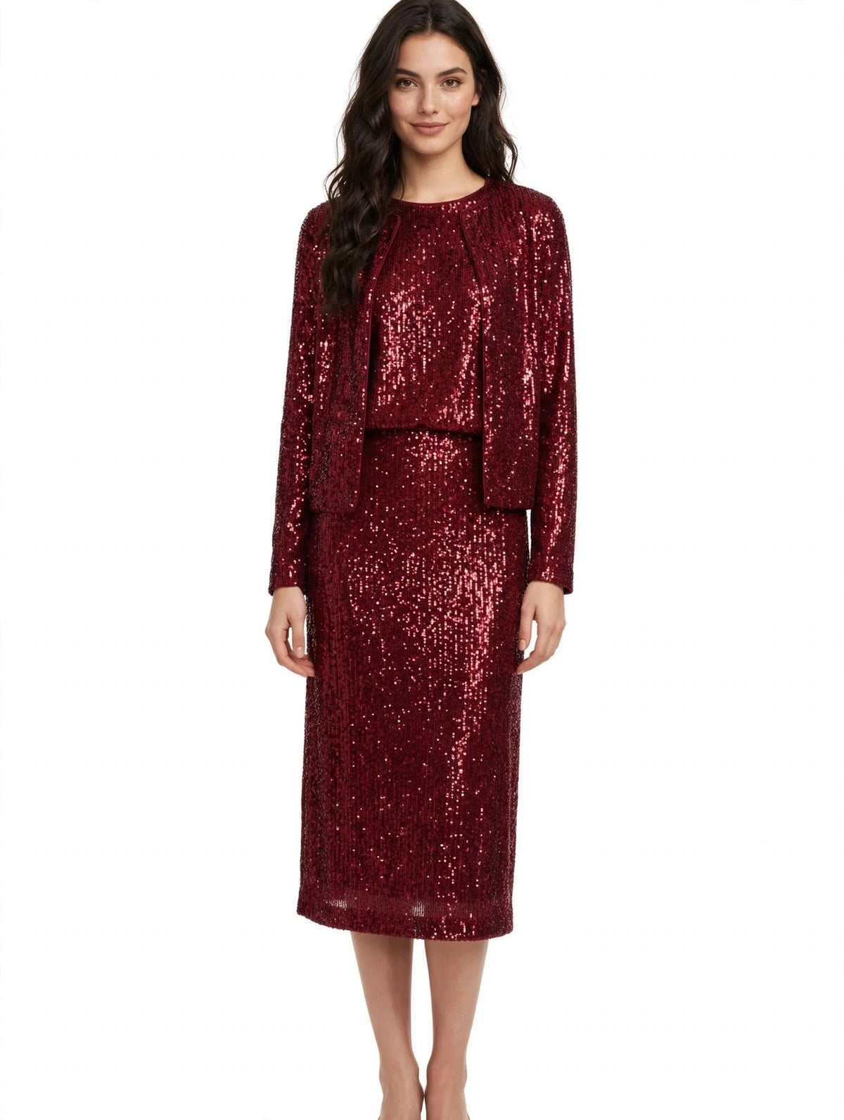 Elegantes 3-teiliges Pailletten-Outfit für Damen – Festliches Kleid mit Rock, Top und Jacke in Burgund