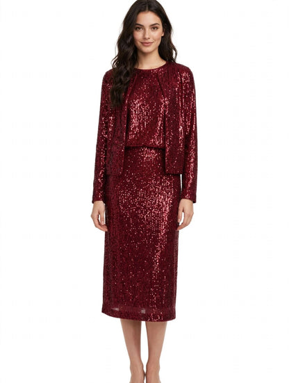 Elegantes 3-teiliges Pailletten-Outfit für Damen – Festliches Kleid mit Rock, Top und Jacke in Burgund