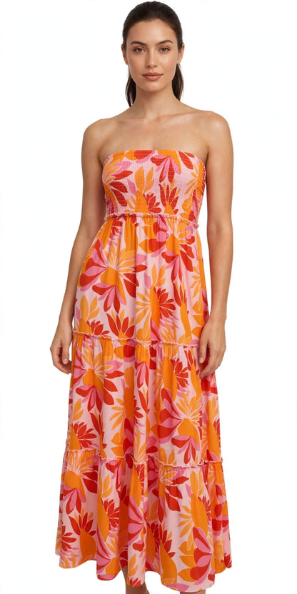 Langes trägerloses Kleid mit orangefarbenen und rosa Blumen