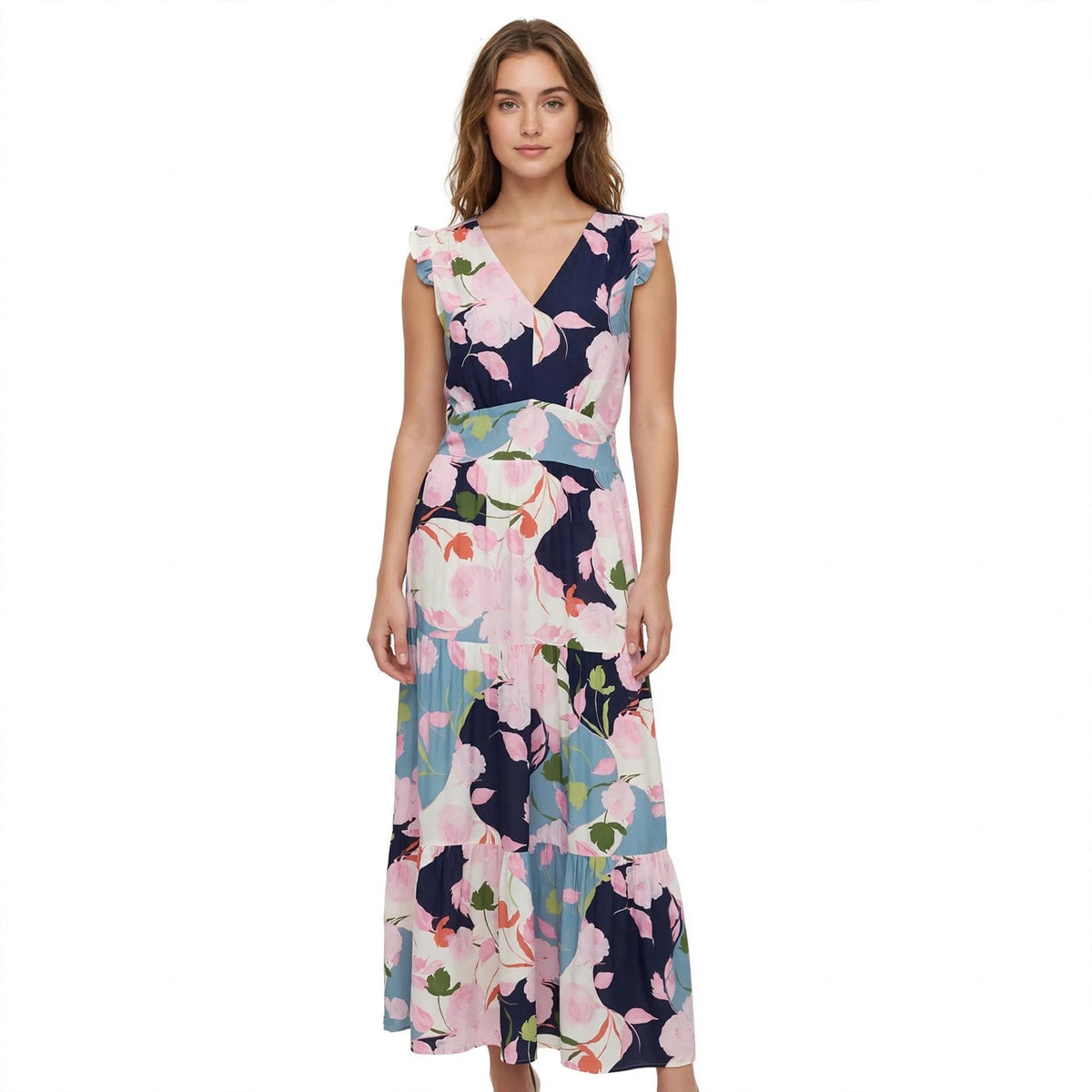 Langes (Maxi) Kleid mit Rosenmuster, V-Ausschnitt und breitem Gürtel an der Taille