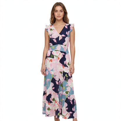 Langes (Maxi) Kleid mit Rosenmuster, V-Ausschnitt und breitem Gürtel an der Taille