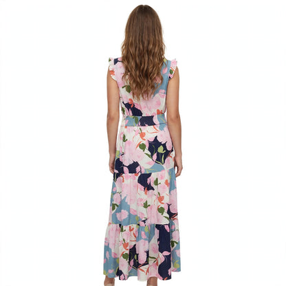 Langes (Maxi) Kleid mit Rosenmuster, V-Ausschnitt und breitem Gürtel an der Taille