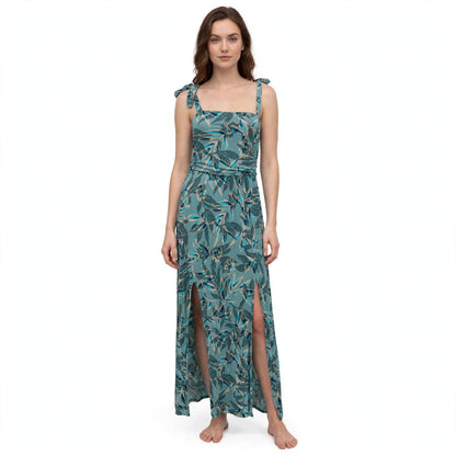 Langes Sommerkleid mit Blättermuster, Bindeträgern und seitlichen Schlitzen