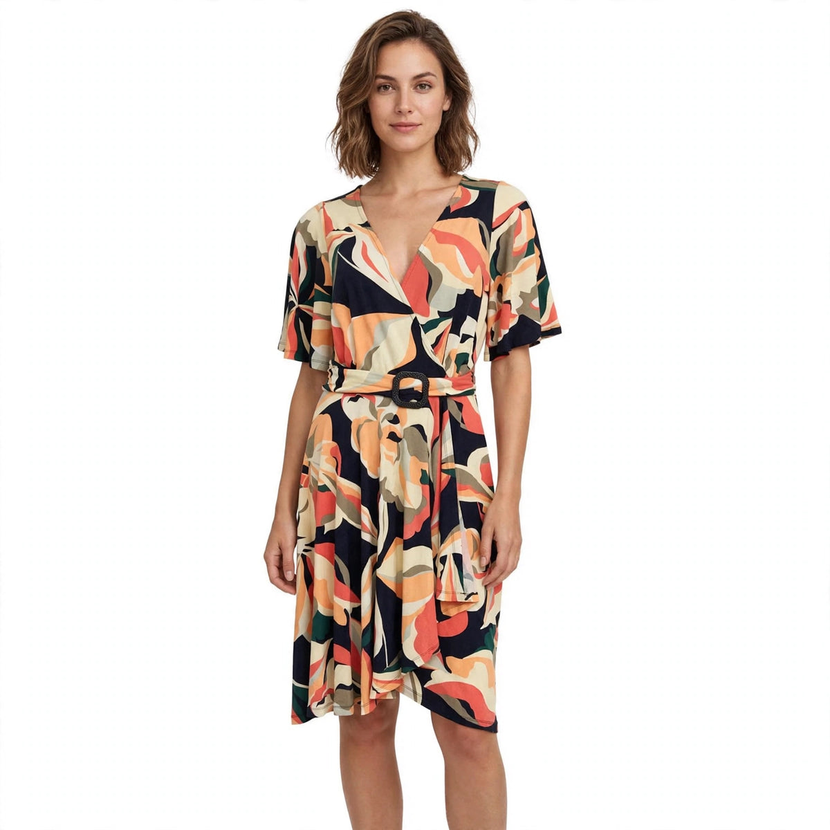 Oranges Sommerkleid mit Blumen, V-Ausschnitt und Gummizug in der Taille